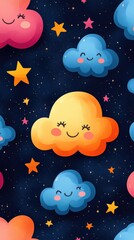 Fototapeta premium Cute cartoon stars and clouds with smiling faces