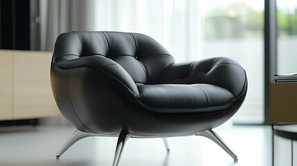 Stylish black leather chair with modern design, perfect for contemporary living spaces and cozy environments.