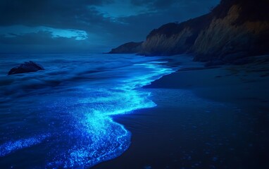Fototapeta premium Enchanting Bioluminescent River Illuminating Beach at Night, Cinematic Photorealistic Scene with Glowing Blue Light Flowing