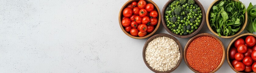 Fresh vegetables, grains, and herbs neatly arranged in bowls on a light surface, perfect for healthy cooking inspiration.