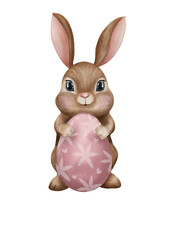 Watercolour cute Easter bunny with easter egg illustration, isolated on transparent background 