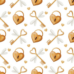 Valentines day watercolour seamless pattern on transparent background