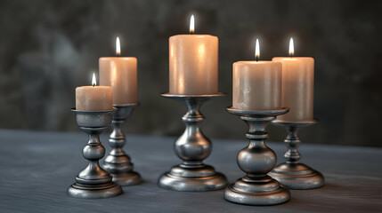 Elegant arrangement of lit candles in silver candle holders, creating a warm and inviting atmosphere for any setting.