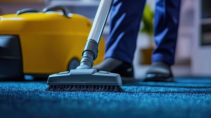 Janitor cleaning a carpet with a vacuum cleaner, representing effective cleaning services in maintaining a neat and orderly environment.