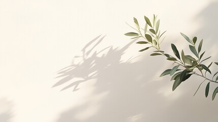 Fototapeta premium A minimalist composition featuring a leafy branch casting soft shadows on a light background. Ideal for themes of nature, simplicity, and modern design.