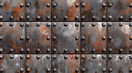 Fototapeta premium Rusty metal plates with rivets create an industrial backdrop in a weathered urban setting