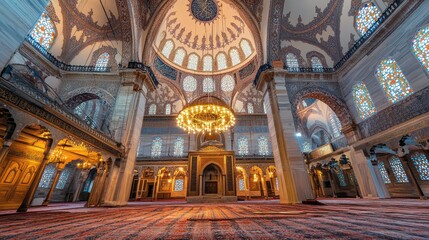 Fototapeta premium Mosque Interior with Intricate Patterns, Mosaics, and Ornate Decorations 