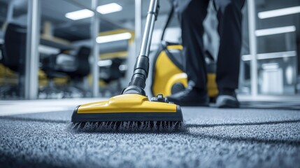 Fototapeta premium Janitor using a vacuum cleaner to clean a carpet in an office setting, emphasizing cleanliness and attention to detail in maintaining a clean workspace.