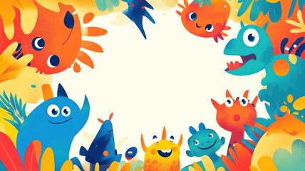 Design a colorful illustration with playful characters and an empty center space copy space - vibrant - Fusion - storybook background