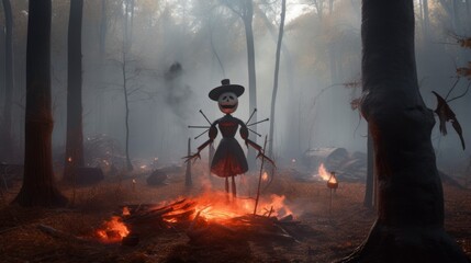 A spooky scarecrow stands in a foggy forest with a fire at its feet.