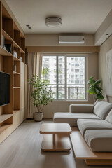 a serene living room corner in a small, minimal apartment, featuring a sofa, TV counter, and bookshelf, all while embracing Wabi-Sabi Japandi design principles