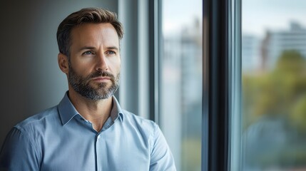 Fototapeta premium A Man in a Blue Shirt Looking Out a Window