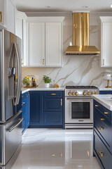 Modern blue and white kitchen with gold accents, marble countertops, and high-end stainless steel appliances.