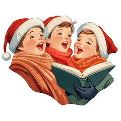 Three cheerful children in holiday attire singing together joyfully, capturing the spirit of Christmas caroling. transparent background