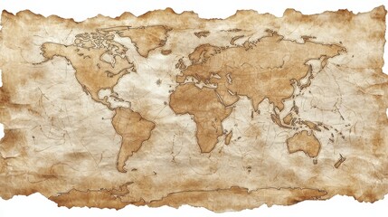 An ancient world map depicting continents and oceans with a vintage, weathered look