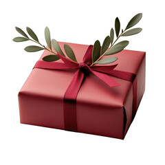 A beautifully wrapped red gift box adorned with olive branches, perfect for any festive occasion and celebration. transparent background