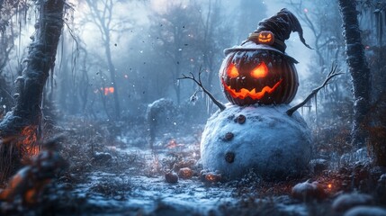 Jack-o'-lantern snowman with glowing eyes in a snowy, foggy forest.