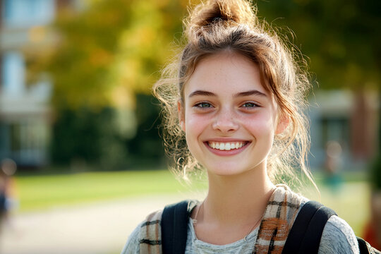 A cheerful girl with a tuft of hair smiling brightly while standing on a school campus, capturing the excitement of student life