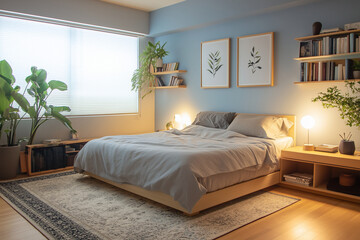 a serene bedroom corner in a small apartment, incorporating a sofa, rugs, and a bookshelf while embracing Wabi-Sabi Japandi design principles: