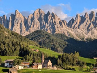 Mountain landscape with church in dolomites