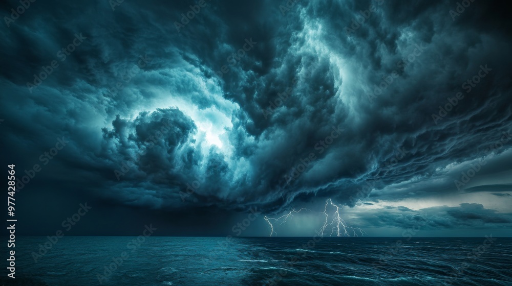 Poster a dramatic image of a powerful storm brewing over the ocean, with dark, swirling clouds and lightnin