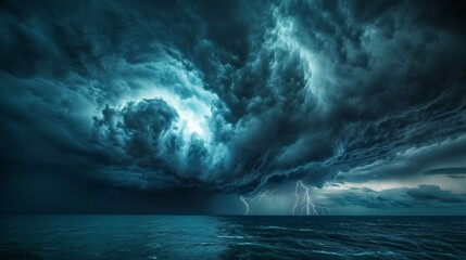 A dramatic image of a powerful storm brewing over the ocean, with dark, swirling clouds and lightning striking in the distance, capturing the intensity of the weather.