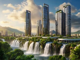 Obraz premium Vibrant Futuristic City With Waterfalls and Misty Mountains