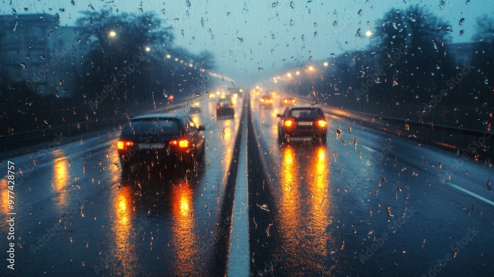 Poster a dramatic scene of a rain-soaked expressway with reflective road surfaces and headlights creating g