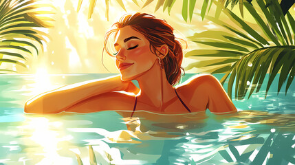 Tranquil pool bliss happy woman exuding joy and elegance. Golden Hour. Illustration