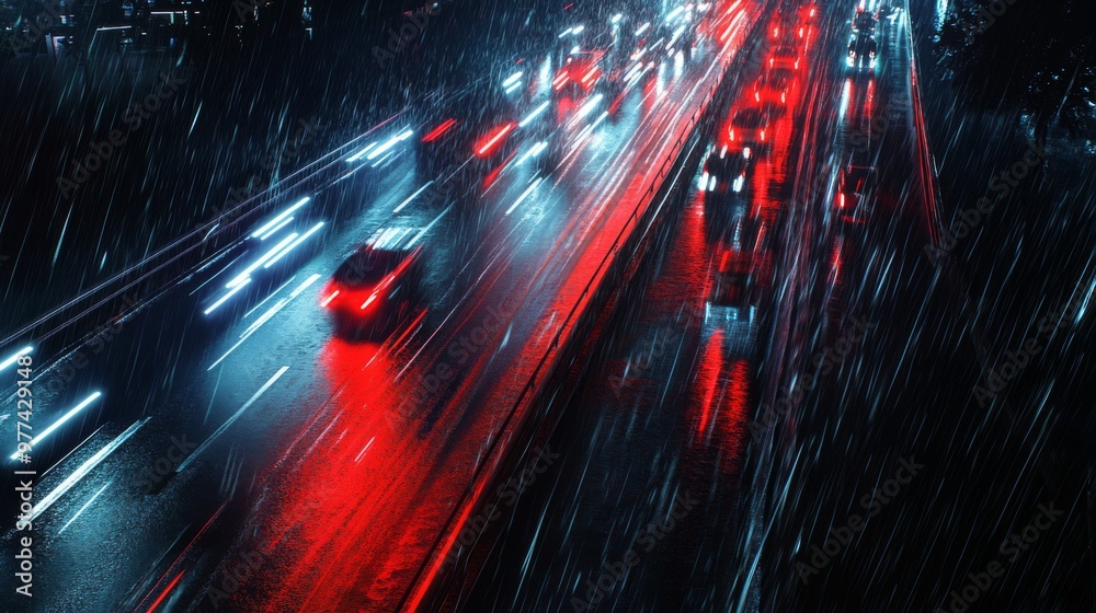 Poster a dramatic scene of a rain-soaked expressway with reflective road surfaces and headlights creating g