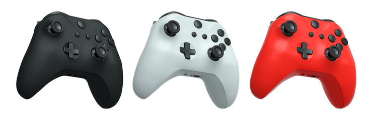 Collection of gaming controllers with different colors and designs for gaming enthusiasts isolated on white background with clipping path © Vasyl Onyskiv
