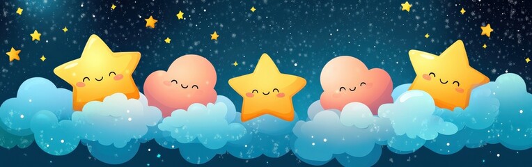 Cute cartoon stars and clouds with smiling faces