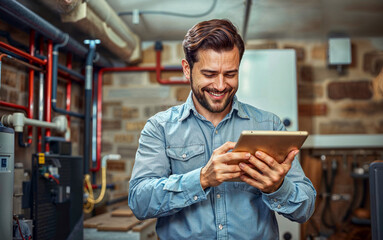 Handsome Happy homeowner plumber, HVAC technician, man using a mobile phone tablet in a basement by water heater, burner, duct work. DIY repair or install, happy with work done, quote.
