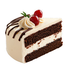 Delicious chocolate cake slice with cream, cherries, and chocolate drizzle. Perfect for celebrations and dessert lovers. transparent background