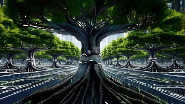 A futuristic scene featuring lush trees with intricate roots intertwined with a network of glowing circuits and technology.
