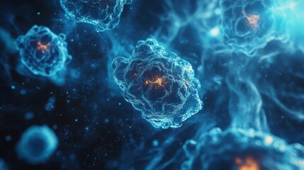 The scene of nanoparticles delivering drugs to cancer cells is rendered in 3D with BLUE digital background.