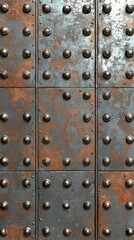 Fototapeta premium Rusty metal door with rivets showcasing texture and aging details in urban architecture