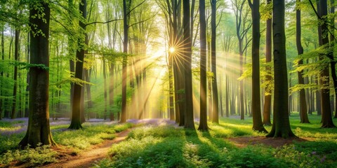 Fototapeta premium Serene morning light filtering through the trees in a lush spring forest