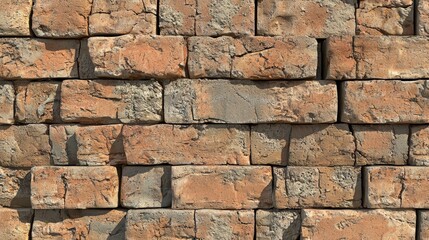 Fototapeta premium Aged brick wall textured with weathered hues and historical charm in evening light