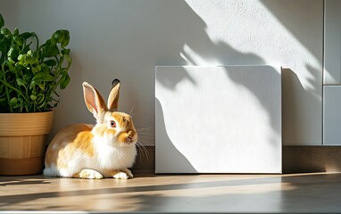 Cheerful Rabbit Next to Blank Canvas in Bright Kitchen Setting | High-Resolution Close-Up Photo