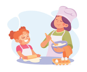 Woman Parent with Her Daughter Baking as Home Activity Vector Illustration