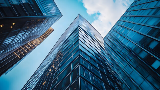A low-angle view captures towering skyscrapers reaching skyward, emphasizing their grandeur and sleek design. The perspective from below