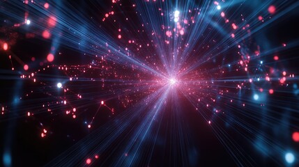 Fototapeta premium Pulsating beams of light forming a glowing network of interconnected nodes.