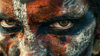 Close-up of an individual with intricate face paint showcasing cultural heritage at a traditional festival