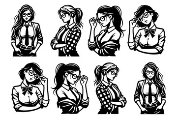 set of girls illustration graphic design black and white vector clip art silhouette