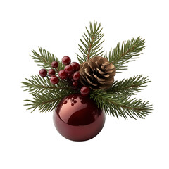 A festive arrangement featuring a shiny red ornament, pine branches, cones, and berries, perfect for Christmas decor. transparent background