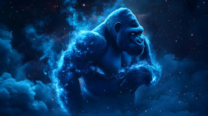 A cosmic gorilla illuminated in blue hues, blending seamlessly with a starry, dreamy background, evoking mystery and wonder.
