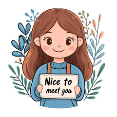 Warm and cheerful illustration of a girl holding a sign that says 'Nice to meet you' surrounded by decorative leaves. transparent background