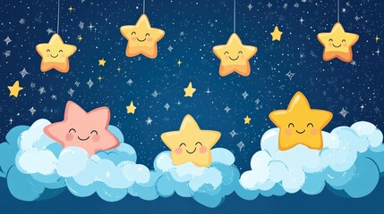 Cute cartoon stars and clouds with smiling faces