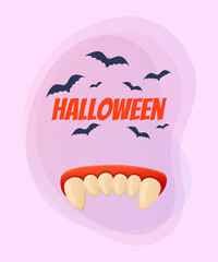 Obraz premium Big teeth for Halloween poster design. Flying bats on abstract background. Celebration, holiday, party concept. Vector illustration for invitation or banner